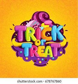 Trick or treat. Happy halloween candy cartoon logo on an orange background.