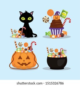 trick or treat happy halloween cat bucket pumpkin cauldron cupcake candies vector illustration