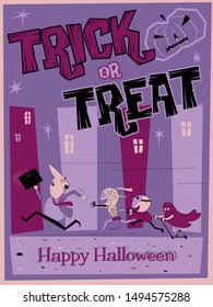 Trick or Treat. Happy Halloween Greeting Card Mid Century Modern Illustration Art Style 