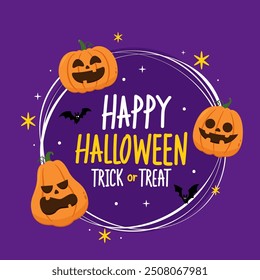 Trick or treat. Happy Halloween greeting card with cute pumpkin. Holidays cartoon character. Halloween pumpkin head vector.