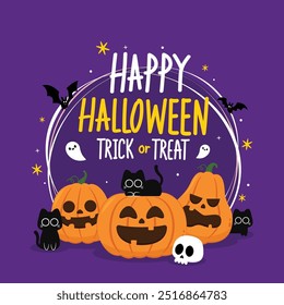 Trick or treat. Happy Halloween greeting card with cute pumpkin. Holidays cartoon character. Halloween pumpkin head vector.