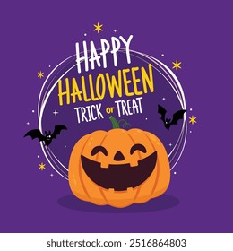 Trick or treat. Happy Halloween greeting card with cute pumpkin. Holidays cartoon character. Halloween pumpkin head vector.