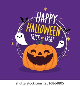 Trick or treat. Happy Halloween greeting card with cute pumpkin. Holidays cartoon character. Halloween pumpkin head vector.