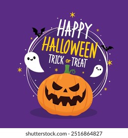 Trick or treat. Happy Halloween greeting card with cute pumpkin. Holidays cartoon character. Halloween pumpkin head vector.