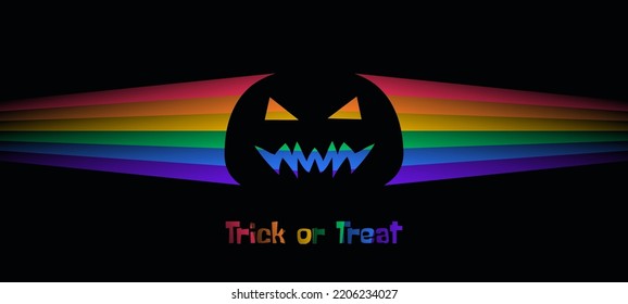 trick or treat happy halloween lgbt rainbow color rays  scary pumpkin  greeting card banner design vector illustration