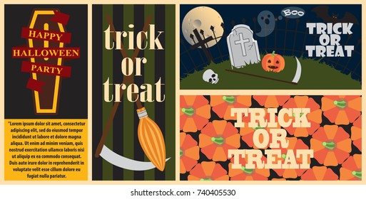 Trick or treat and happy halloween party, collection of posters with pumpkins, coffin and cemetery, broom and skull on vector illustration
