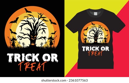 Trick or treat happy Halloween retro vintage graphic vector template t shirt design.night party chilling pumpkin zombie cute cat vibes house trees isolated background custom tee mug print for ready 