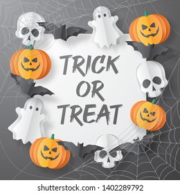 Trick or treat. Happy Halloween vector banner. Paper cut style. Vector illusration