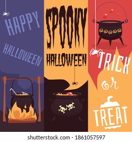 Trick or treat and Happy Halloween vertical banner set with spooky holiday objects - witch cauldron with potion and scary spiders. Cartoon vector illustration.