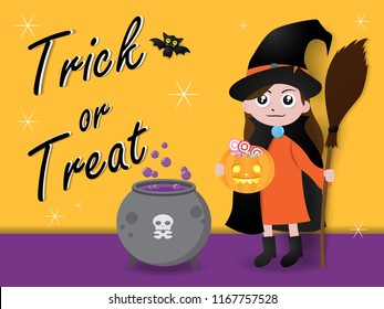 Trick or treat happy halloween witch and pumpkin background vector ilustration