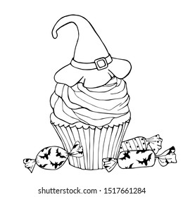 Trick or treat. Happy halloween. Witch hat cupcake, sweets, candies in black and white colors. Vector illustration isolated on white background. Hand drawn sketch for holiday. Coloring.