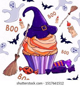 Trick or treat. Happy halloween. Witch hat cupcake, finger, broom, bat, ghost, candle, candy, sweets. Colorful vector illustration. Lilac, orange, pink, purple colors. Hand drawn sketch for holiday.