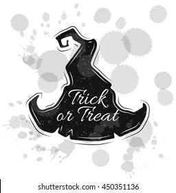 Trick or treat. Happy halloween. Witch hat label, badge, logo.Vintage vector illustration.