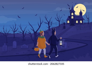 Trick or treat in haunted mansion on Halloween flat color vector illustration. Nighttime scary scene. Children in costumes 2D cartoon characters with spooky house on hill on background