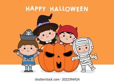 Trick or treat holidays banner and background. Halloween cartoon character. Kids in witch, mummy, pirate costume and monster devil with spooky pumpkin. Vector