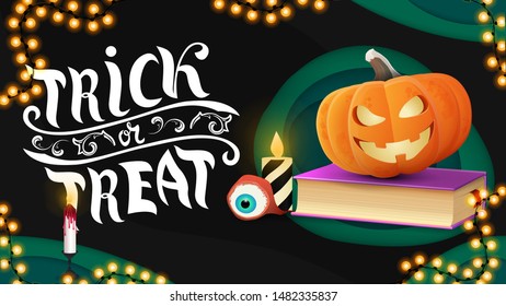 Trick or treat, horizontal dark card with spell book and pumpkin Jack