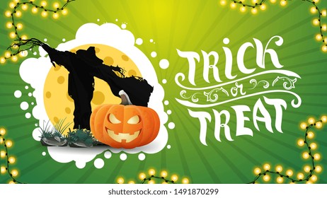 Trick or treat, horizontal green greeting postcard with halloween garland, Scarecrow and pumpkin Jack against the moon