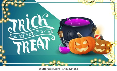 Trick or treat, horizontal green template with witch's pot and pumpkin Jack