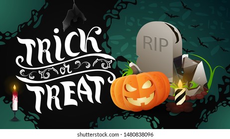 Trick or treat, horizontal greeting banner with tombstone and pumpkin Jack