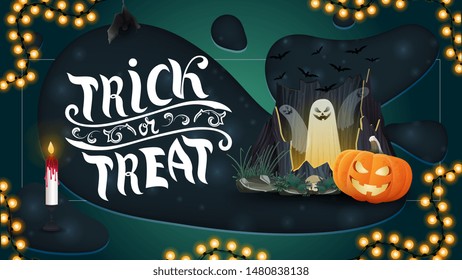 Trick or treat, horizontal greeting banner with portal with ghosts and pumpkin Jack