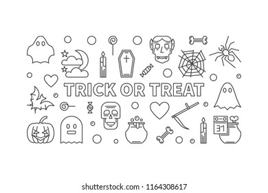 Trick or Treat horizontal outline illustration. Vector modern Halloween banner or flyer made with thin line icons