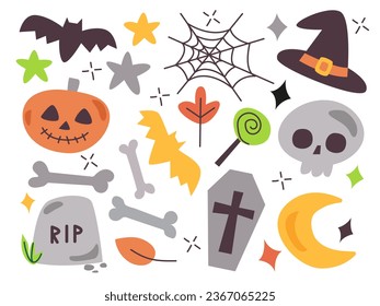 Trick or treat icon collection. Happy Halloween social media sticker set. Cartoon cute vector illustration on white background for stickers, cards, website banners.Trendy flat design template.