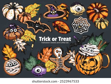 Trick or Treat Illustration. Coffee Cup and  Sweets, hot chocolate drink in Halloween style decorated with pumpkins, leaves, cookies, sweets and gingerbreads. Engraved style vector artwork. 