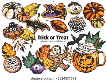 Trick or Treat Illustration. Coffee Cup and  Sweets, hot chocolate drink in Halloween style decorated with pumpkins, leaves, cookies, sweets and gingerbreads. Engraved style vector artwork. 