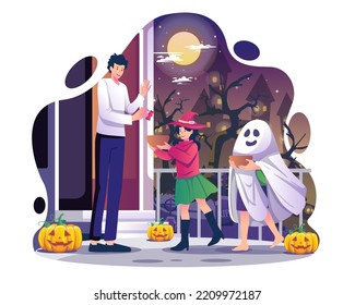 Trick or treat illustration concept. A man is giving candy to happy two children in Halloween costumes on Halloween night. Vector illustration in flat style