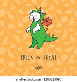Trick or treat. Illustration of happy cat wearing dragon costume isolated on orange background of brooms, cats and witch hats. Vector 8 EPS.