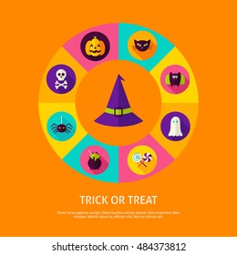 Trick or Treat Infographic Concept. Vector Illustration of Halloween Infographics Circle with Witch Hat and Circle Icons.