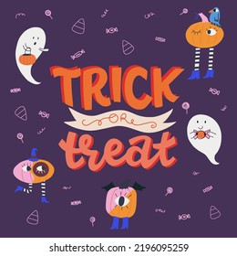 Trick or Treat inscription and cute cartoon pumpkin characters and ghosts. Hand drawn lettering phrase for Halloween day isolated. Greeting card design, holiday poster, invitation