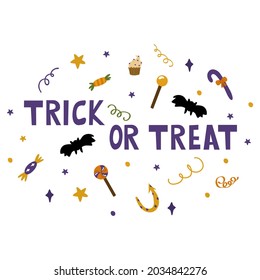 Trick or treat inscription for Halloween. Vector illustration isolated on a white background. For design, decor, postcards.