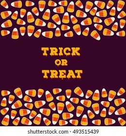 Trick or treat inscription with horizontal border made of small candy corns pile on dark background. Halloween holiday concept greeting card, poster. Vector illustration.