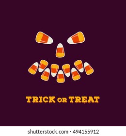 Trick or treat inscription with jack o lantern face made of small candy corns on dark background. Halloween holiday concept greeting card, poster. Vector illustration.