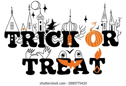 trick or treat inscription, sketch, doodles with halloween symbols - castle, pumpkin, witch on a broomstick, stars, moon, night, mysterious, grin, scary.