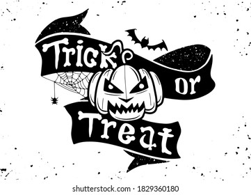 Trick or treat isolated quote and design elements. Vector holiday illustration. Hand drawn doodle letters, skull and pumpkin