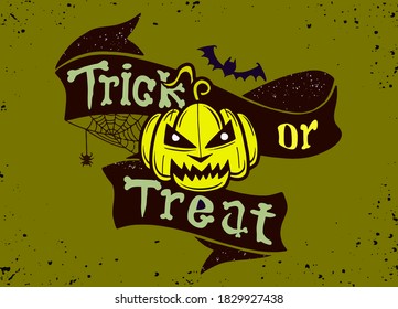 Trick or treat isolated quote and design elements. Vector holiday illustration. Hand drawn doodle letters, skull and pumpkin