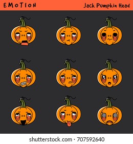 Trick or Treat with Jack Pumpkin Head emoji for web design. Vector set emotion.