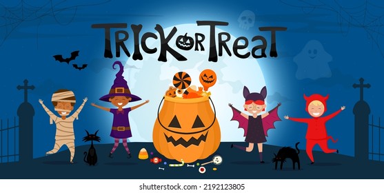 Trick or Treat. Kids in Halloween costume on spooky night landscape under moonlight. Halloween pumpkin with candies. Vector illustration.