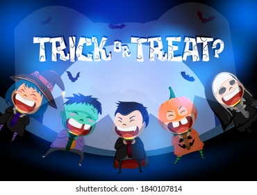 Diseño de fondo vectorial para niños con trucos o tratamientos. Truco o trata el texto en un elemento lunar con personajes de niño espeluznantes como bruja, calabaza y vampiro para la celebración de la fiesta de disfraces de Halloween.