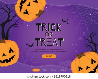 Trick or Treat Landing Page. Landing Page Template with Symbols of Halloween Celebration