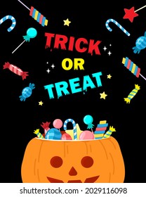 Trick or treat lettering with candy and pumpkin. Halloween invitation