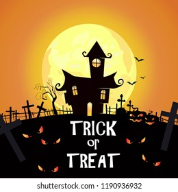 Trick or Treat lettering with cemetery, castles and spooky eyes. Invitation or advertising design. Typed text, calligraphy. For leaflets, brochures, invitations, posters or banners.