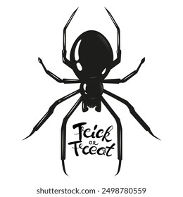 Trick or Treat Lettering in the Center of Spiders Pedipalps. Black Widow Spider Silhouette Vektorgrafik auf Weiß. Gut als Gestaltungselement zu Halloween Feiertagen.