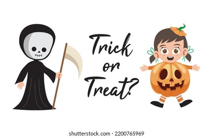 Trick or treat lettering with cute kids in reaper and pumpkin costumes