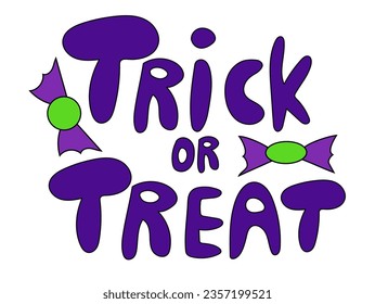 Trick or Treat lettering design with candies on white background. Halloween text. Vector flat illustration.