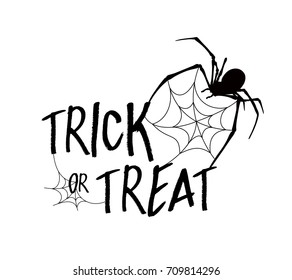 Trick or Treat lettering design. Holiday calligraphy with spider and web, isolated on white  background. Happy Halloween concept. For poster, banner, greeting card, invitation.