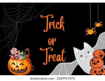 Trick or Treat lettering design on black background. pumpkin with candy, bat, spiders, and spider web in the background