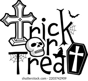 Trick or treat lettering design with skull and cross tombstone. Happy halloween concept. Vector illustration for banner, poster, card.